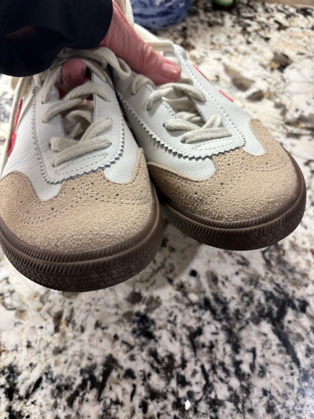 Veja Low-Top Leather Sneakers in White with V and Red Heel Tab Beige Suede - Picture 4 of 10